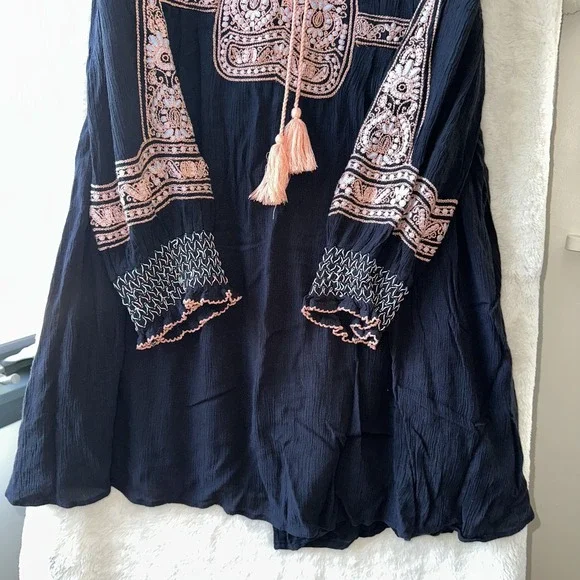 Free People Tunic Dress M Boho Black Embroidered Tassel Peasant LS Top‎ Paisley - Picture 4 of 10